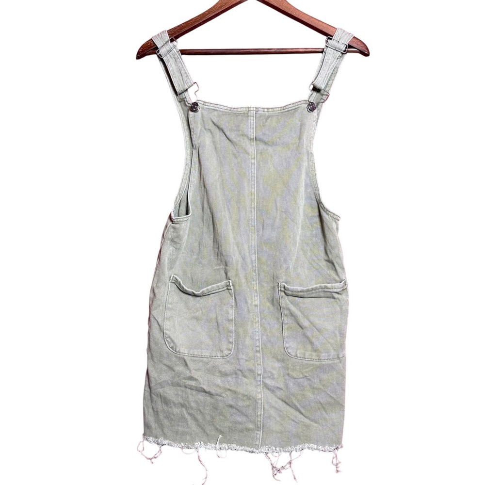 Forever 21 Women Small Olive Green Denim Overall Pinafore Dress Mini Raw Hem‎